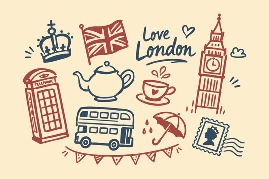 London Travel Doodle Elements Set Illustration