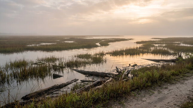 Flooded coastal wetland illustrating sea level rise and ecosystem vulnerability. Suitable for conservation campaigns, climate reports, sustainability communication, and environmental research.