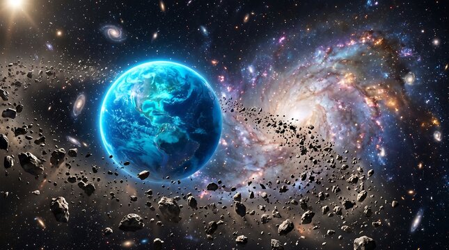Blue planet orbiting in deep space, asteroid field and spiral galaxy background, cosmic view illustration, universe with stars and rocks