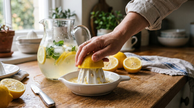 Hand squeezing lemon in kitchen with fresh lemonade pitcher  
