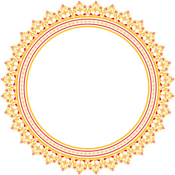 Happy Durga Puja decorative circular frame featuring ornate floral motifs, traditional red and golden patterns, and an elegant festive border for religious celebration designs.