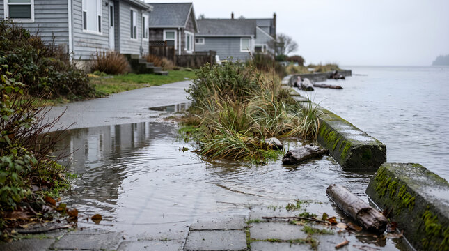Realistic coastal flooding affecting shoreline infrastructure during high tide. Ideal for climate change reports, environmental education, sustainability campaigns, and ESG communication.