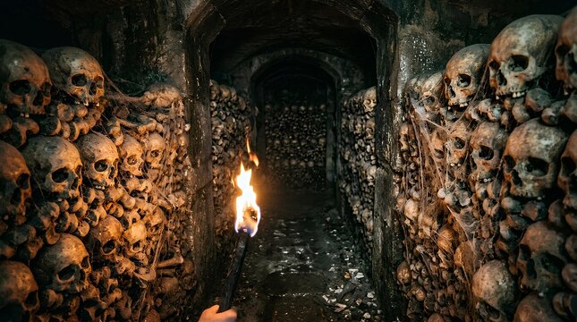 Skull filled catacomb tunnel lit by torch.