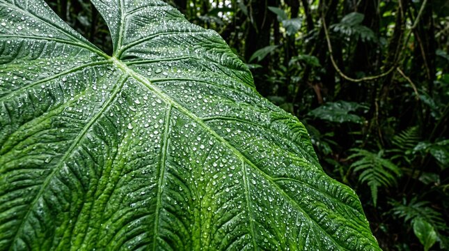 Tropical elephant ear plant leaf features deep textured veins covered in perfectly round sparkling morning dew droplets in this macro shot.