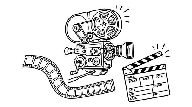 Vintage movie camera illustration, retro cinema projector with film strip and clapperboard, hand drawn film production vector art