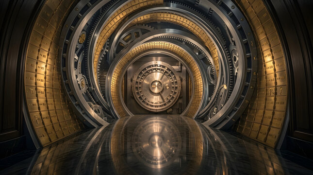 Complex Steampunk Style Bank Vault Door with Golden Gears and Safes