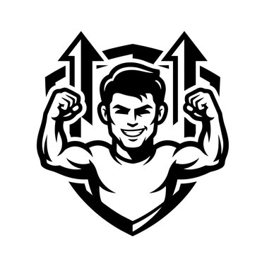 Strong Man Flexing Muscles with Arrows Up Shield Badge Black and White Vector Illustration