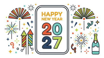 Obraz premium Happy New Year 2027 greeting card with colorful festive fireworks and champagne.