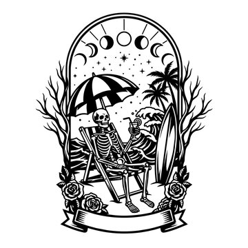 Grim Reaper Relaxing on Deck Chair Beach Arch Frame Moon Phases Tattoo Vector Illustration