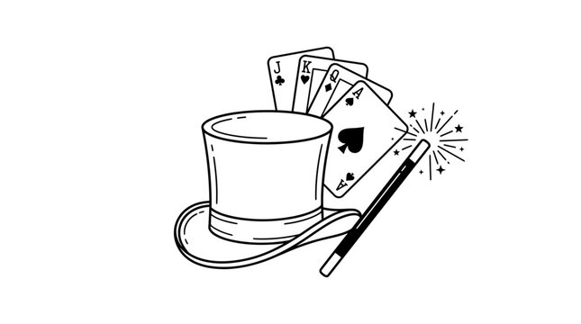 Vintage magic show vector illustration, magician top hat with playing cards and wand, retro circus performance line art