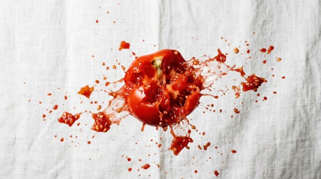 Ripe red tomato exploding with juice and seeds on white fabric background
