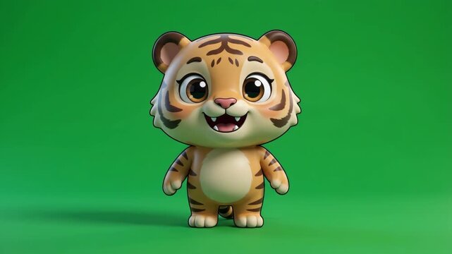 Cute cartoon tiger cub character standing on a green background, looking adorable and friendly.