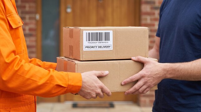 Professional delivery driver handing over priority cardboard packages to customer at home entrance