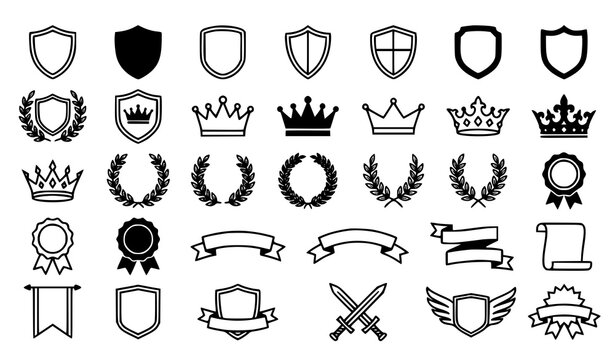 Heraldic Badge Icon Set With Crown Shield Laurel Wreath Medal Ribbon Sword And Royal Emblem Symbols