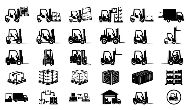 Forklift Warehouse Icon Set With Pallet Truck Crate Container Delivery Shelf And Cargo Logistics Symbols