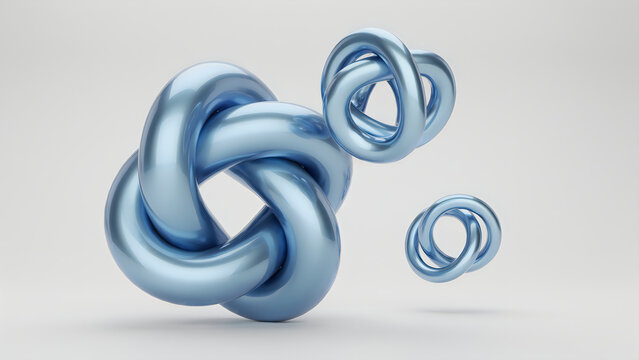 Interconnected metallic blue knots floating against a soft light background representing complex connections and abstract concepts