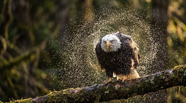 Bald Eagle Shaking Off Water Drops on Tree Branch