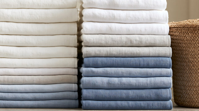 Stacks of Clean Folded Linen Fabric and Laundry Towels