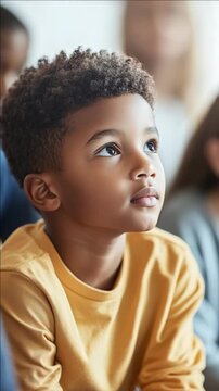 A child in a classroom setting focused on something out of frame.