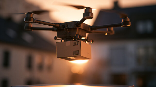 Drone Delivering Parcel Box in Residential Area at Sunset
