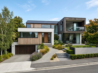 Fototapeta premium Contemporary Split-Level House with Layered Volumes, Timber Accents and Landscaped Garden