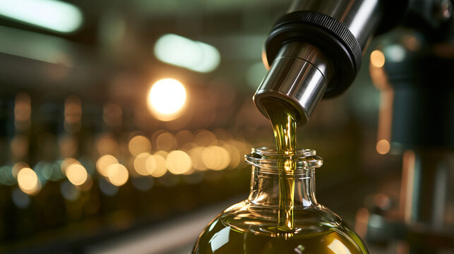 Olive Oil Being Poured Into Glass Bottle On Production Line