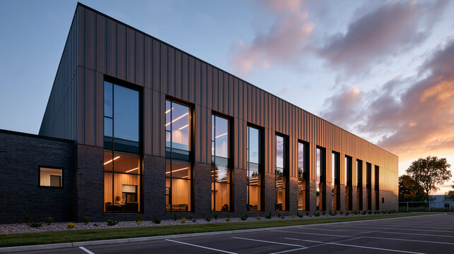Modern Commercial Building Exterior with Illuminated Windows at Dusk
