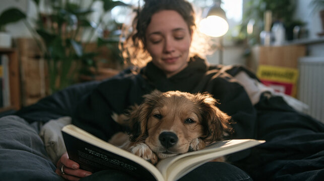 Young Woman Reading Book with Cute Dog at Home