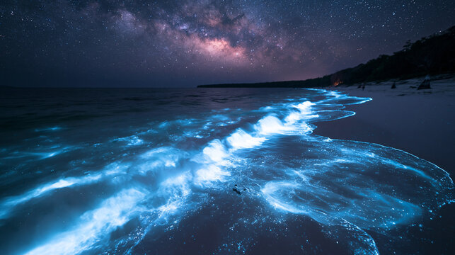 Bioluminescent Ocean Waves Glowing on Beach Under Milky Way Sky