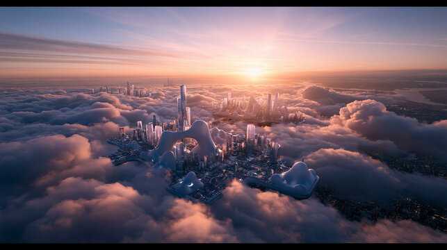 Futuristic City Rising Above Clouds at Sunset