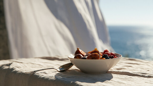 Fresh Fruit Breakfast Bowl Overlooking the Sea