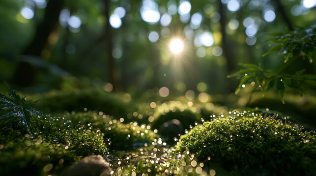 Dew Drops on Green Moss in Sunlit Morning Forest