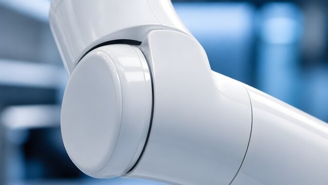 Close up of modern white robotic arm joint in high tech automated factory