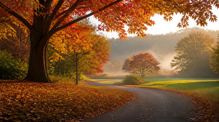 Fototapeta premium Serene autumn landscape with colorful trees lining a winding dirt path in a tranquil park setting highlighting fall foliage and