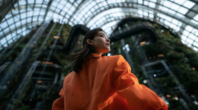 Confident Asian Business Woman in Modern Glass Conservatory