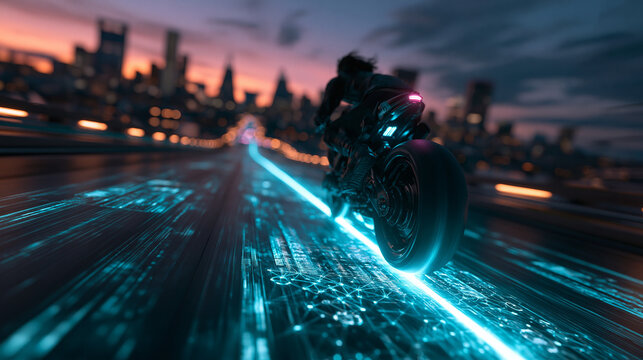 Futuristic Motorcycle Riding on Glowing Digital Highway at Dusk