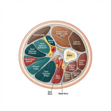 This diagram details muscle compartments, nerves, and anatomy related to sports injuries, focusing on the upper arm and forearm area.