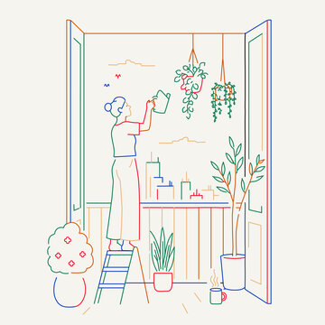 Woman Watering Hanging Plants by Open Window Line Illustration
