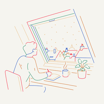 Man Writing in Notebook by Window with City View Line Illustration