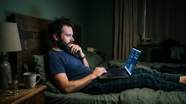 Bearded man working on laptop in bed at night