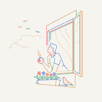 Man Drinking Hot Coffee by Open Window Minimal Line Illustration