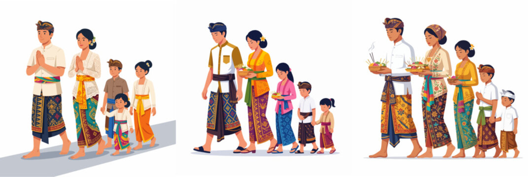 Balinese families in traditional clothing walking for religious ceremony illustration