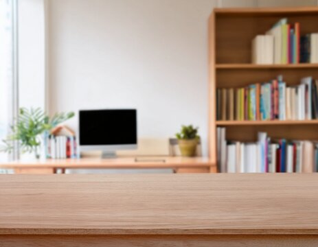 bright home office workspace with empty wooden desk and blurred bookshelf background for educational and professional interior design concepts