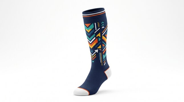 Colorful athletic knee-high sock with geometric chevron patterns isolated on a white background for apparel