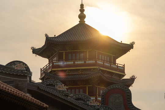 Pagoda Pantjoran Chinatown PIK is silhouetted against the sunlight