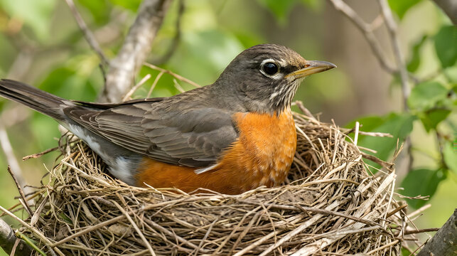 American robin bird resting inside woven twig nest on branch during warm spring season sunny weather.