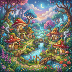 Fototapeta premium Enchanted Mushroom Village in a Magical Fantasy Forest