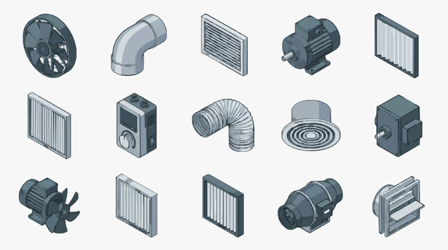 Industrial HVAC and Ventilation Components Set Gray Toned Ducts Fans Motors Vents and Control Units