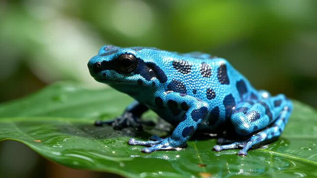 Vibrant Blue Poison Dart Frog with Black Spots Perched on a Wet Green Leaf in Rainforest
