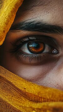 A close-up of a woman wearing a yellow headscarf with her eyes gently closed.